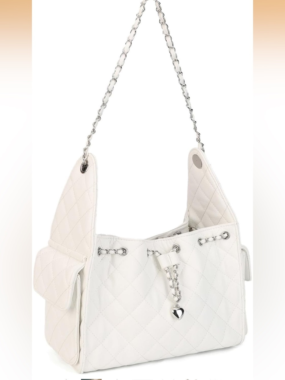 Amazon White Quilted Shoulder Bag with Silver Chain